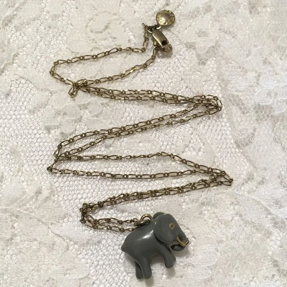J.Crew Gray Enamel Elephant Charm Pendant Necklace Gold Tone apprx 25